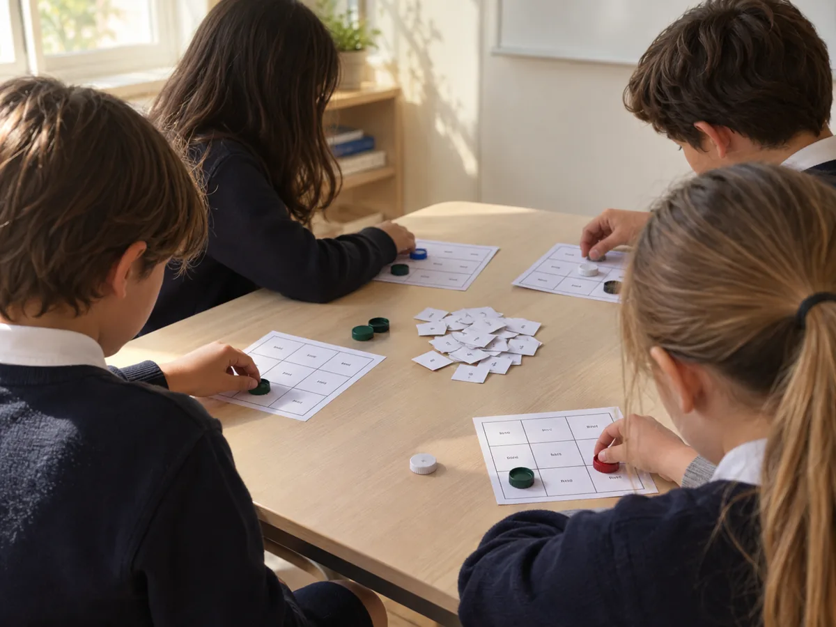 Crianças de 4º e 5º ano sentadas em volta de uma mesa, vistas de costas e de lado, jogando bingo com cartelas impressas em preto e branco, tampinhas e uma pilha de fichas no centro. Imagem ilustrativa