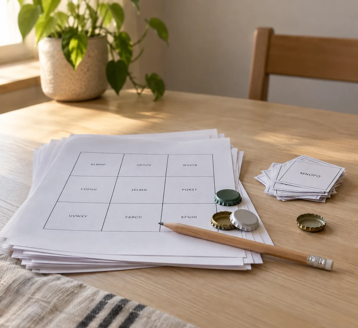 Pilha de folhas A4 com cartelas de bingo 3×3 impressas em preto e branco, uma pilha menor de fichas recortadas, tampinhas e um lápis sobre a mesa de madeira clara. Imagem ilustrativa