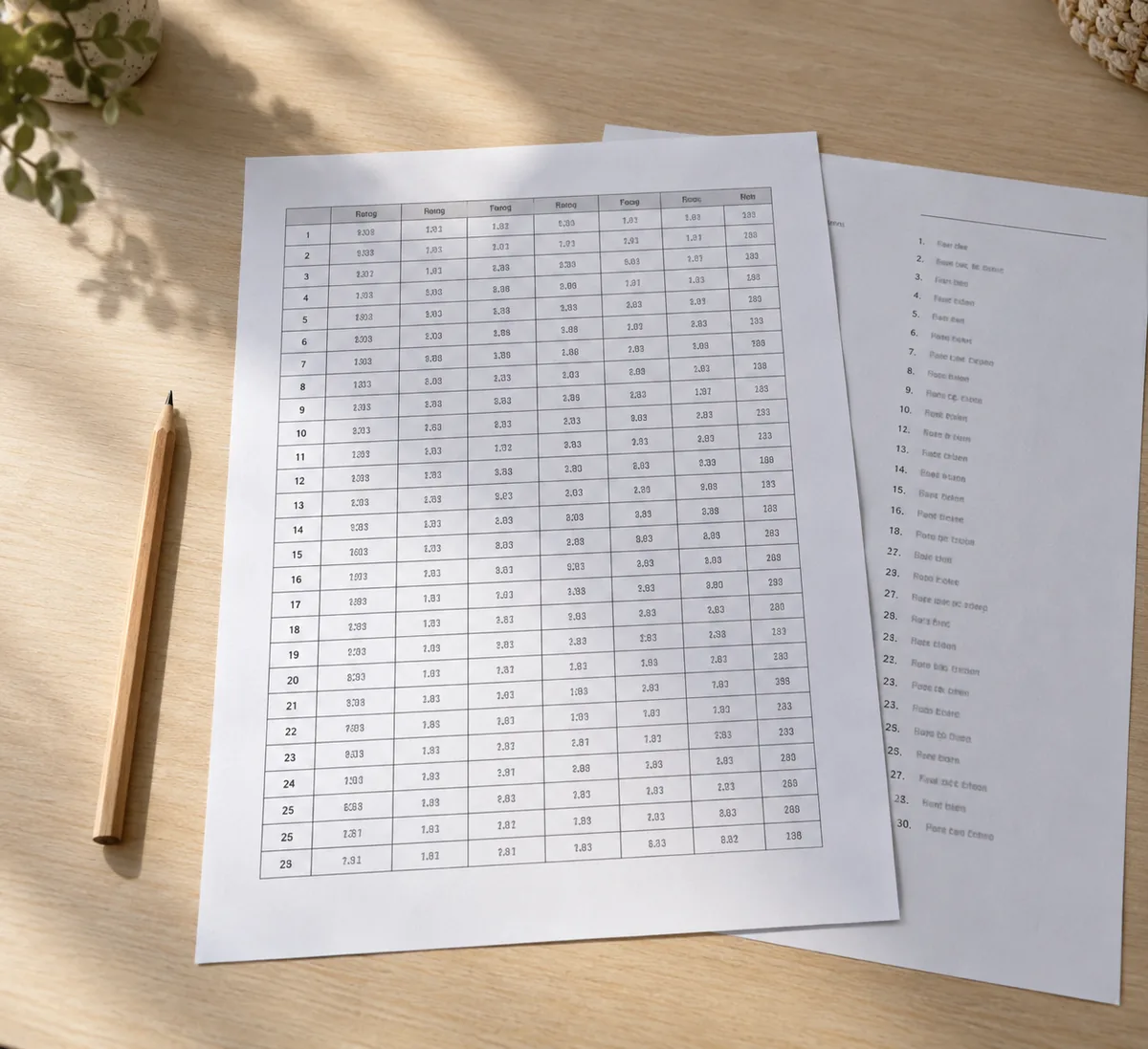 Duas folhas A4 em preto e branco, uma com tabela de linhas e colunas e outra com lista numerada de respostas, sobre a mesa de madeira clara, com um lápis ao lado. Imagem ilustrativa