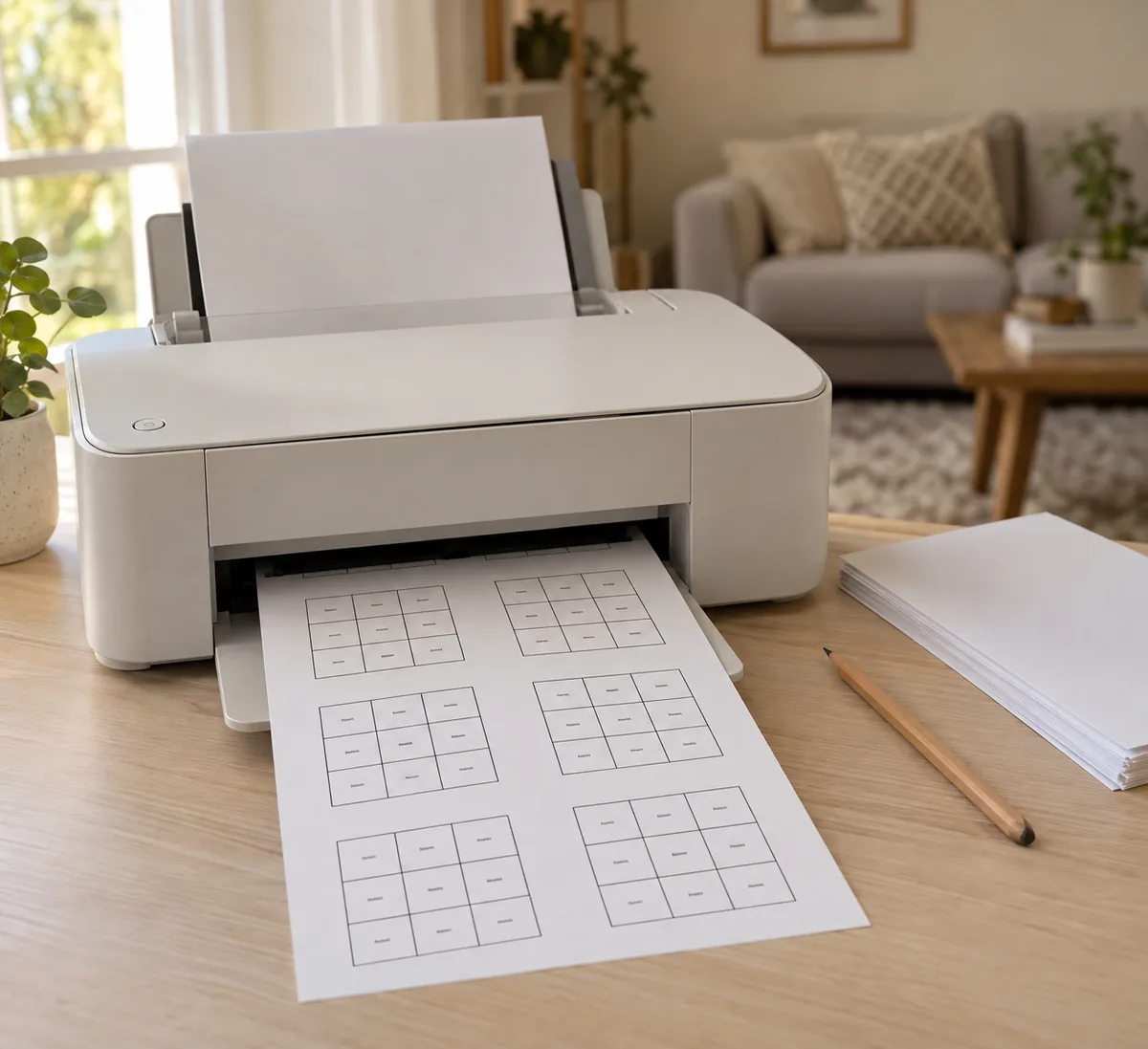 Impressora doméstica simples, sem marca visível, sobre uma mesa de madeira clara, imprimindo uma folha A4 com cartelas de bingo 3×3 em preto e branco. Imagem ilustrativa