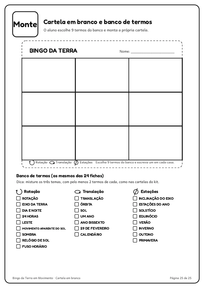 Página real do PDF Bingo da Terra em Movimento: cartela em branco e banco de termos pro aluno montar a dele