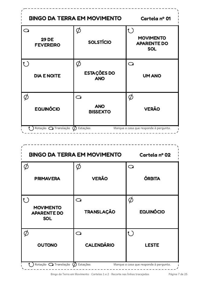 Página real do PDF Bingo da Terra em Movimento: duas cartelas 3×3 com termos de rotação, translação e estações