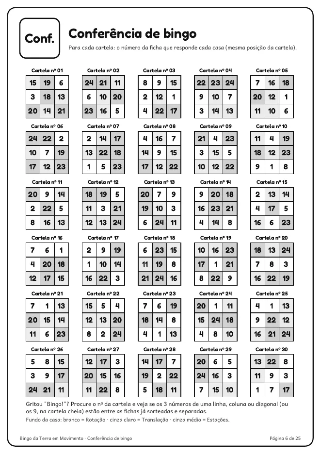 Página real do PDF Bingo da Terra em Movimento: tabela pra conferir o “Bingo!” das 30 cartelas