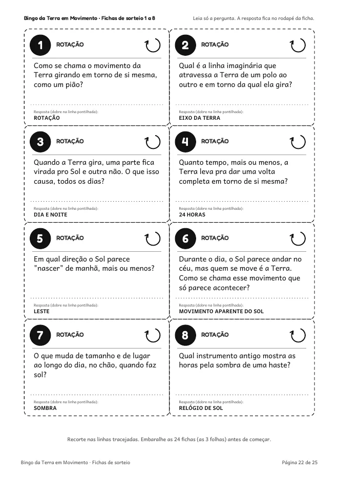 Página real do PDF Bingo da Terra em Movimento: 8 fichas recortáveis com pergunta e resposta no rodapé