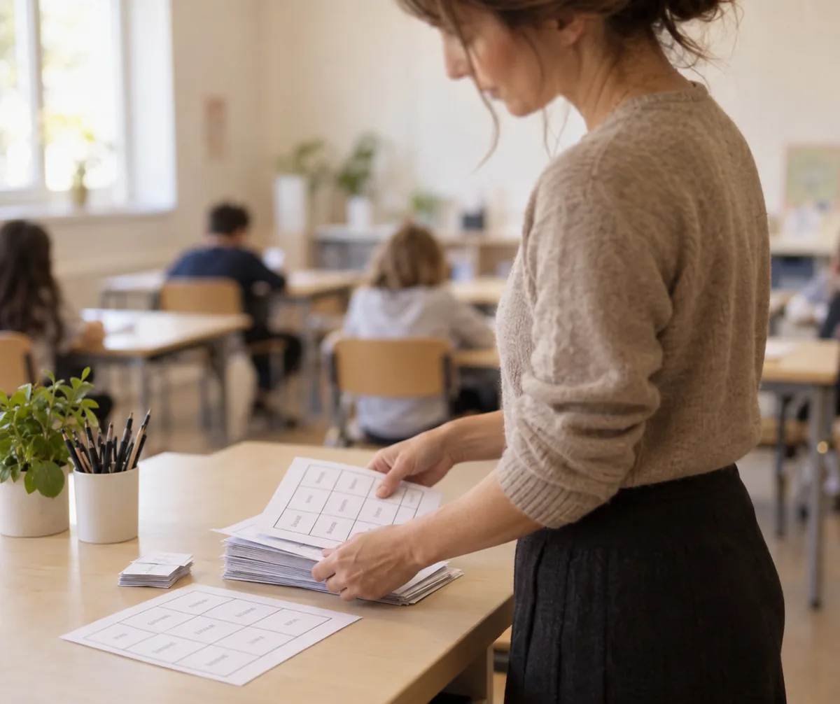 Professora em sala de aula, de lado, organizando pilhas de cartelas de bingo impressas em preto e branco e uma pilha de fichas recortadas sobre a mesa, com alunos desfocados ao fundo. Imagem ilustrativa
